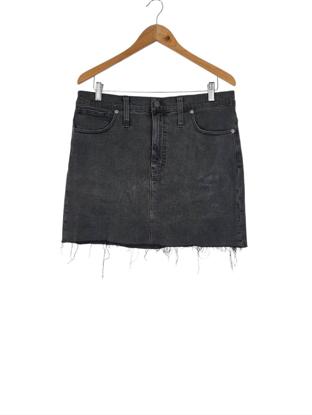 Madewell Denim Skirt Women's Black Charcoal Wash Stretch Straight Raw Hem Sz 31